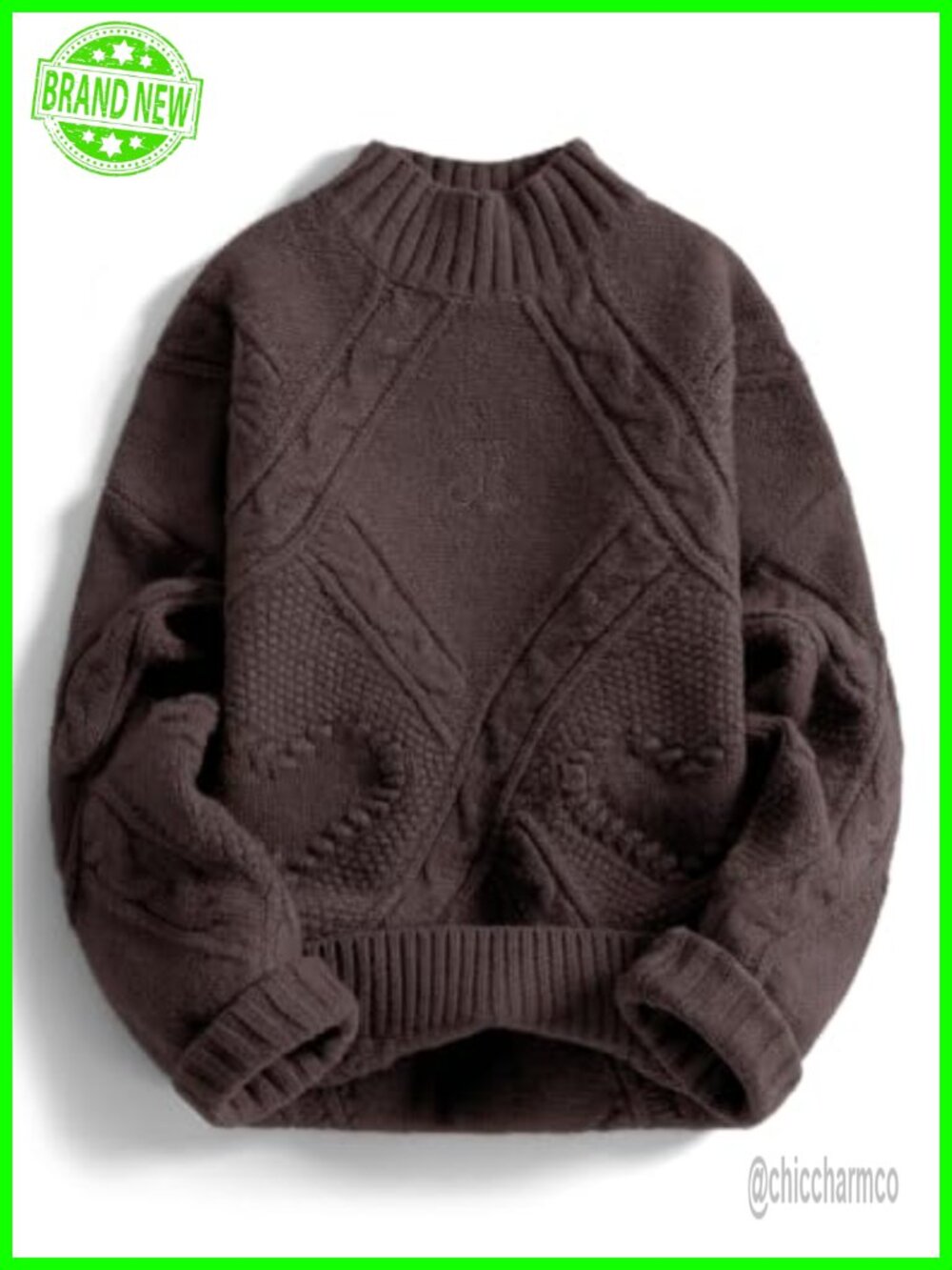 Oversized Cable Knit Chunky Sweater Mock Neck Long Sleeve Pullover